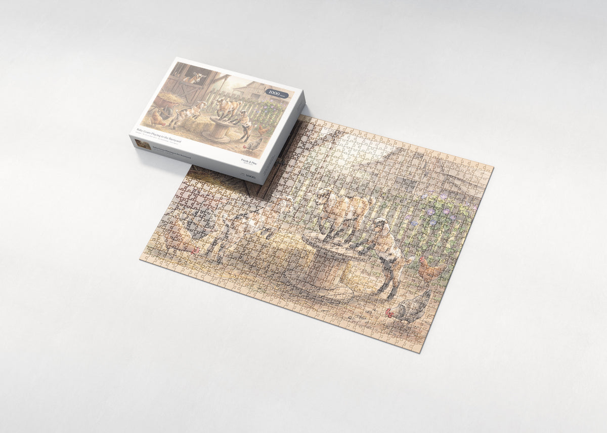 Baby Goats Playing in the Barnyard jigsaw puzzle - box and puzzle