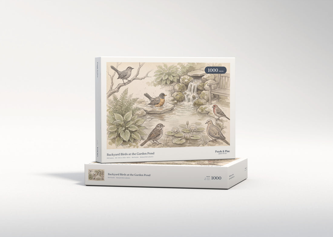 Backyard Birds at the Garden Pond jigsaw puzzle - gift box