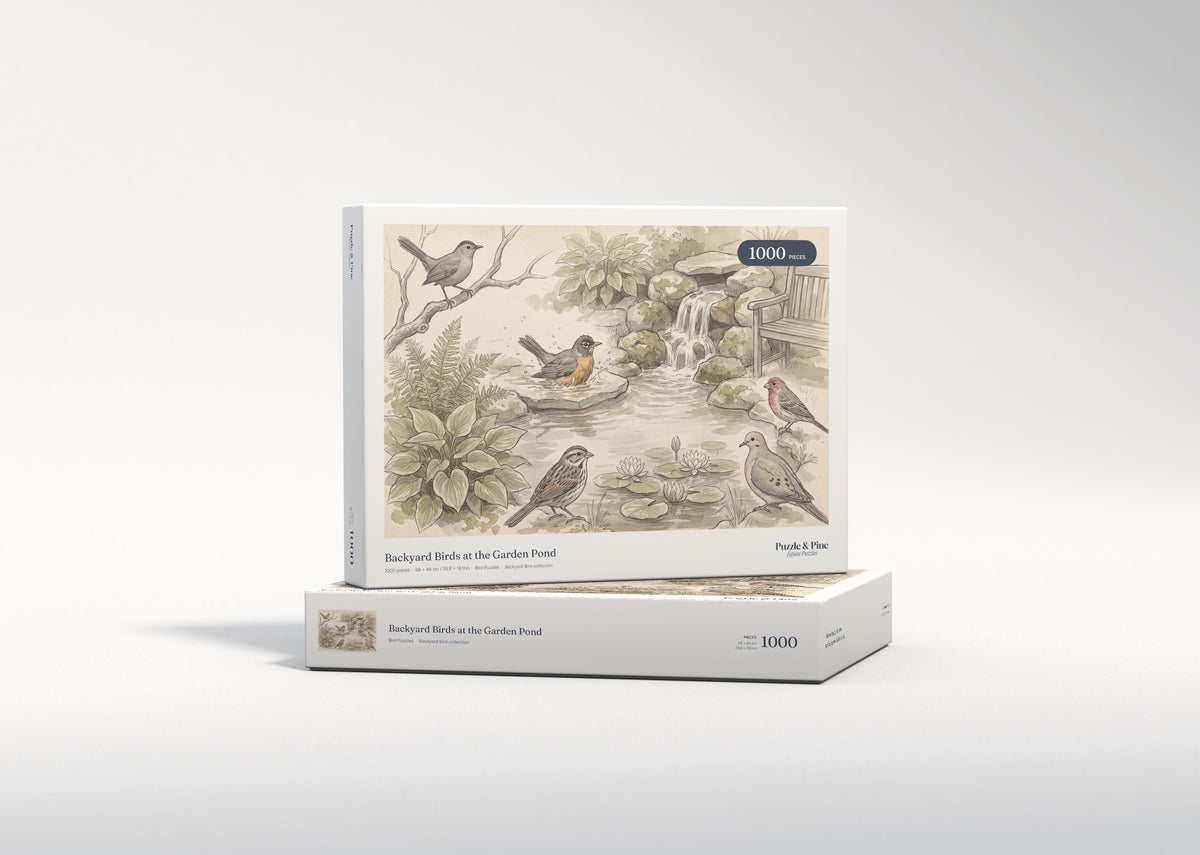 Backyard Birds at the Garden Pond jigsaw puzzle - gift box