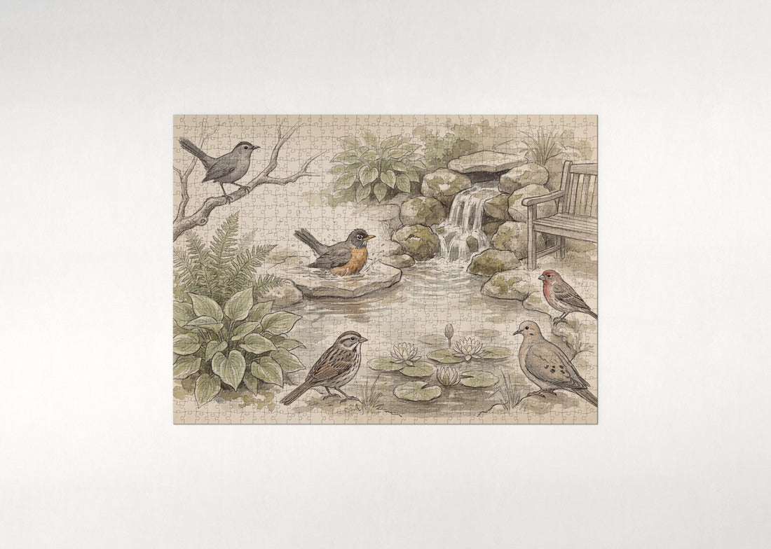Backyard Birds at the Garden Pond jigsaw puzzle - gift box