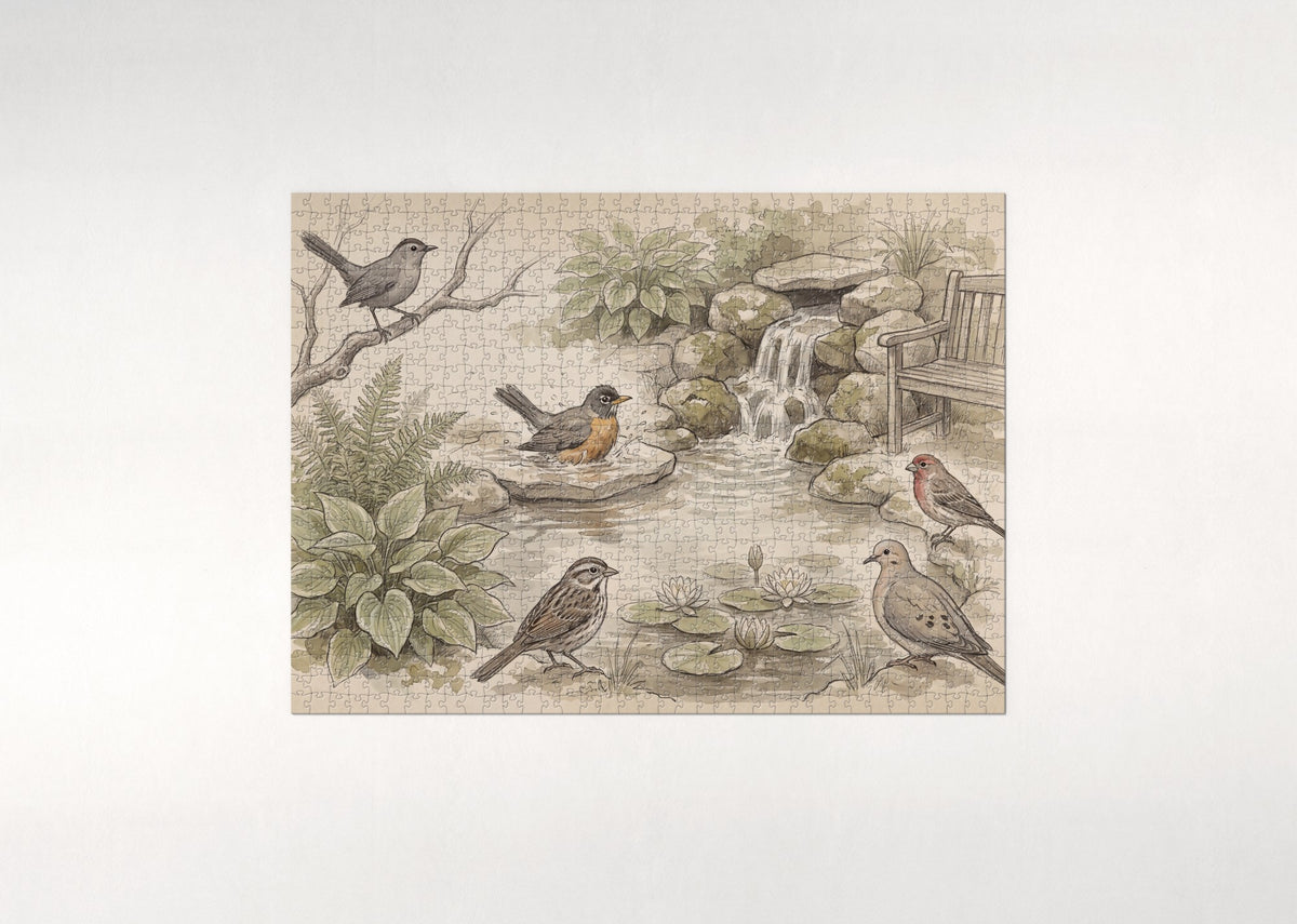 Backyard Birds at the Garden Pond jigsaw puzzle - flat puzzle
