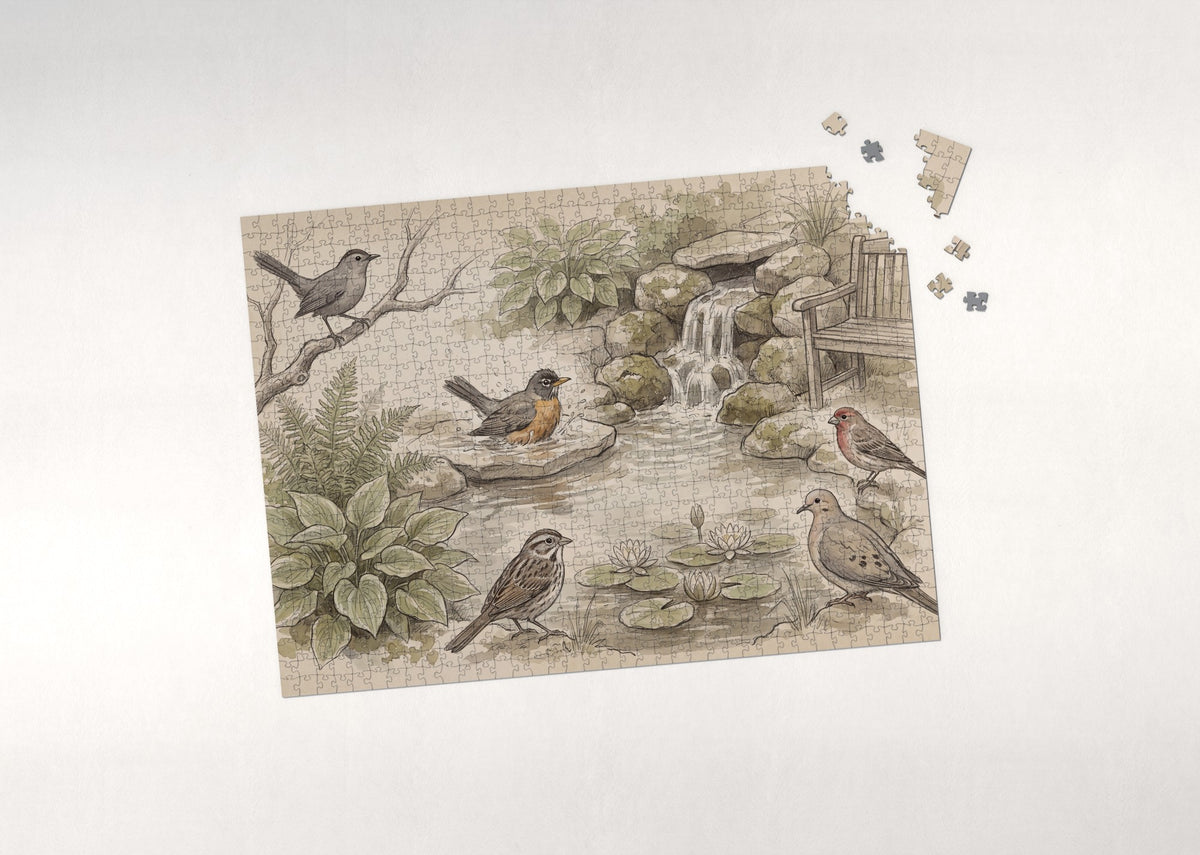 Backyard Birds at the Garden Pond jigsaw puzzle - puzzle with loose pieces