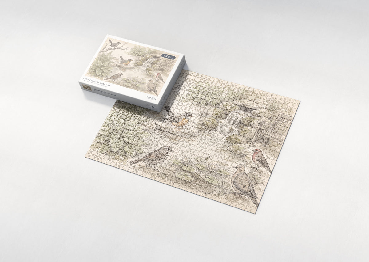 Backyard Birds at the Garden Pond jigsaw puzzle - box and puzzle