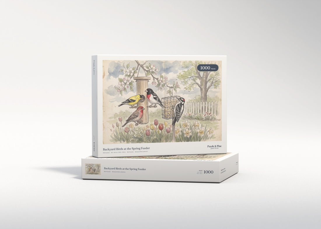 Backyard Birds at the Spring Feeder jigsaw puzzle - gift box