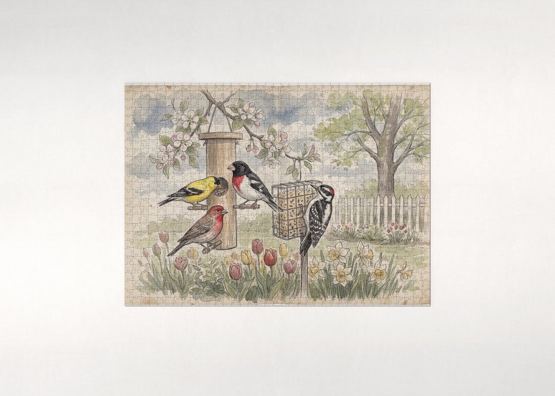 Backyard Birds at the Spring Feeder jigsaw puzzle - gift box
