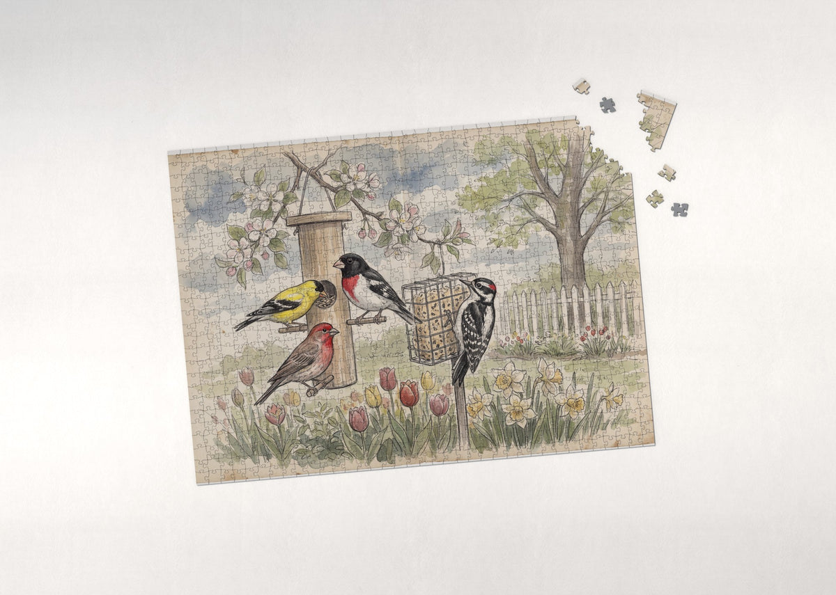 Backyard Birds at the Spring Feeder jigsaw puzzle - puzzle with loose pieces