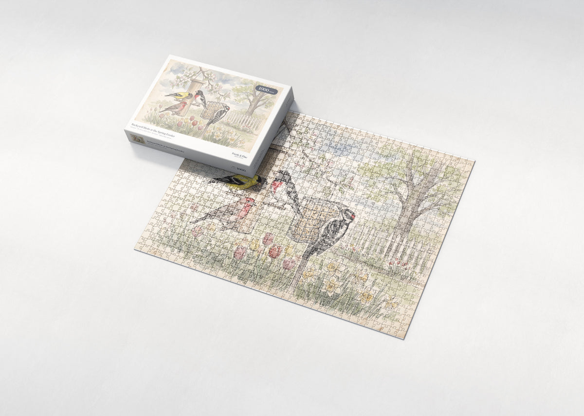 Backyard Birds at the Spring Feeder jigsaw puzzle - box and puzzle