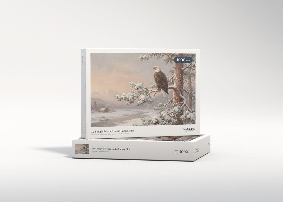 Bald Eagle Perched in the Snowy Pine jigsaw puzzle - gift box