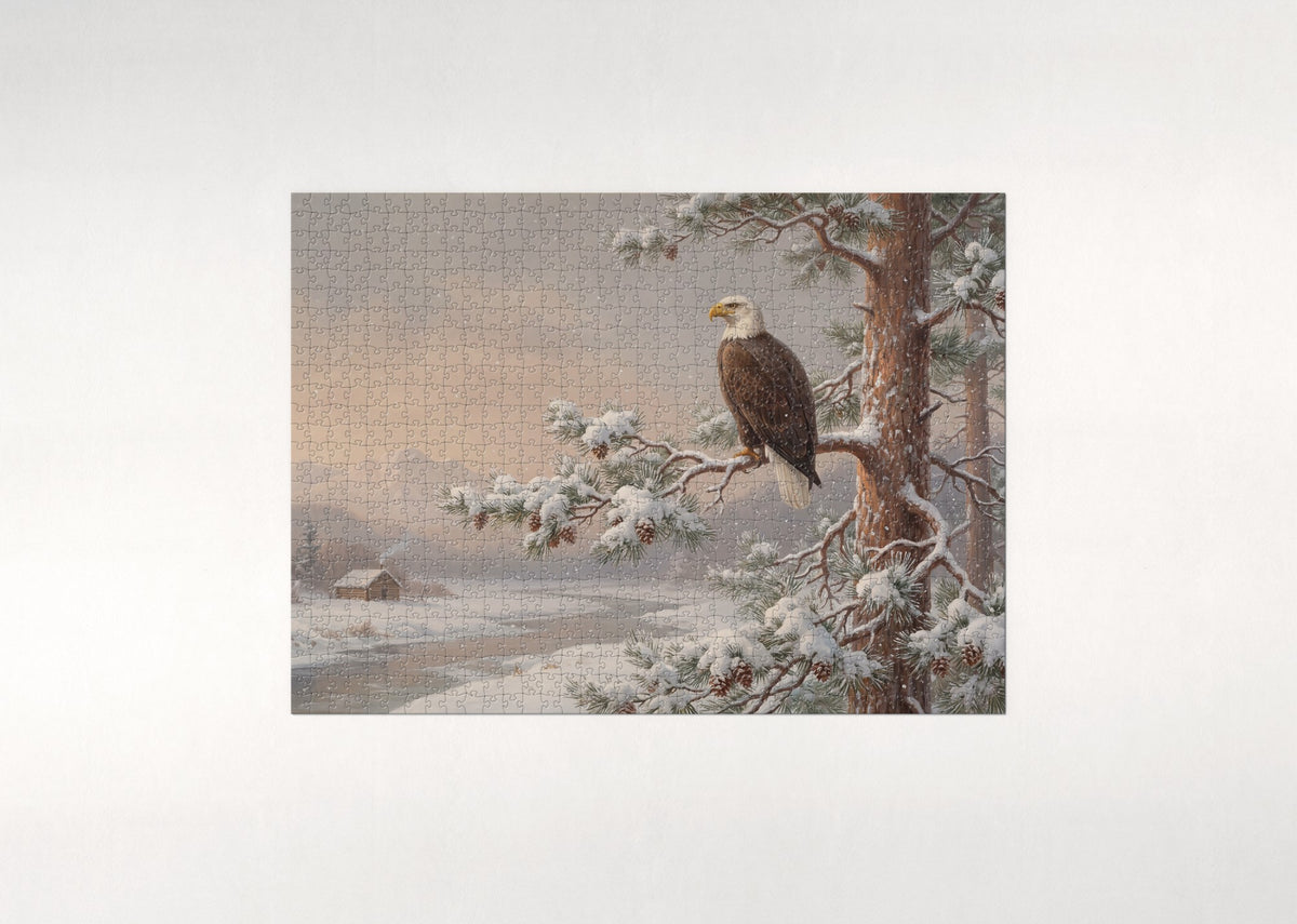 Bald Eagle Perched in the Snowy Pine jigsaw puzzle - flat puzzle