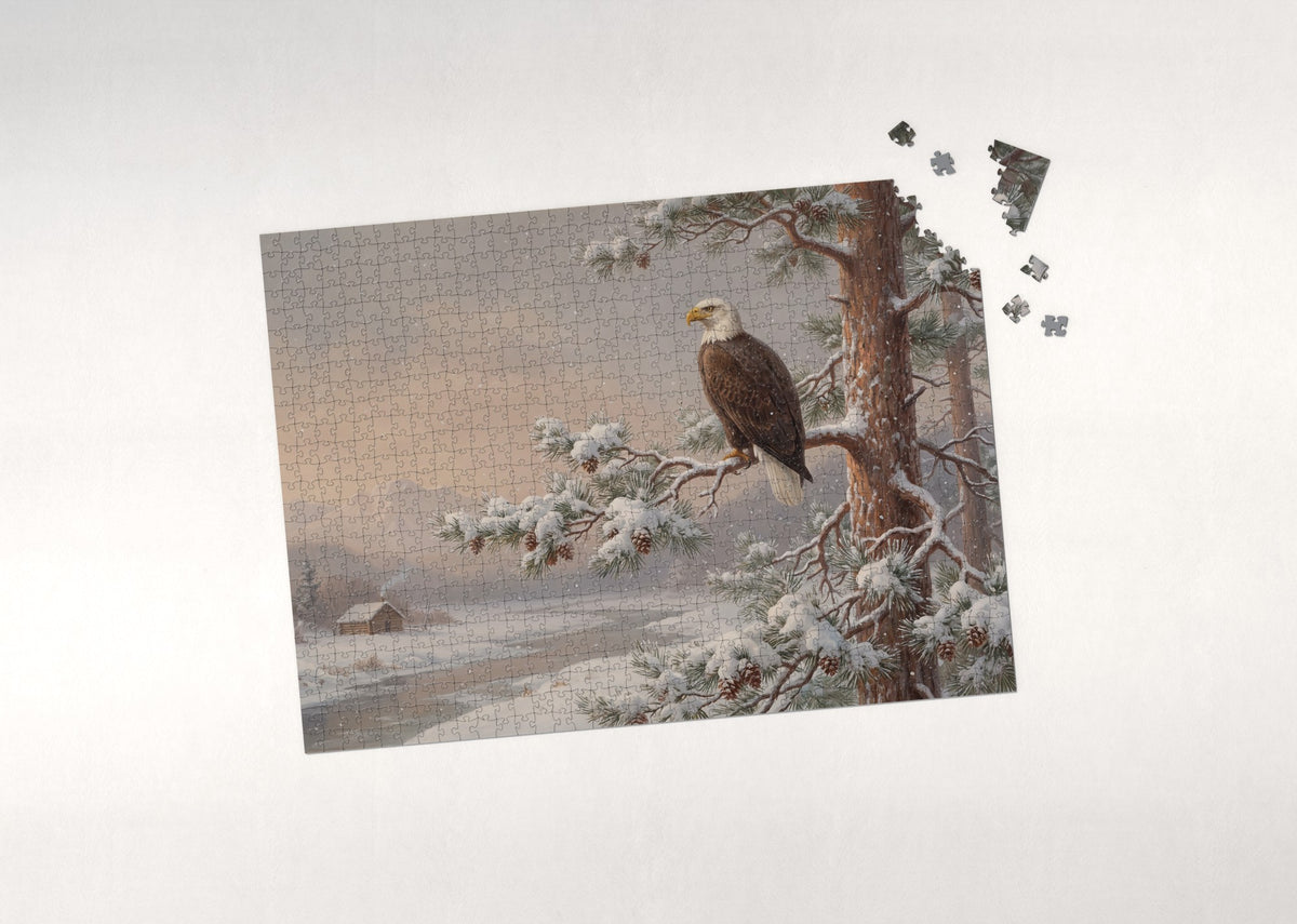Bald Eagle Perched in the Snowy Pine jigsaw puzzle - puzzle with loose pieces