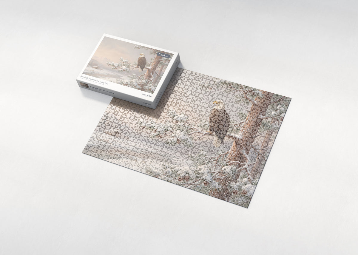 Bald Eagle Perched in the Snowy Pine jigsaw puzzle - box and puzzle