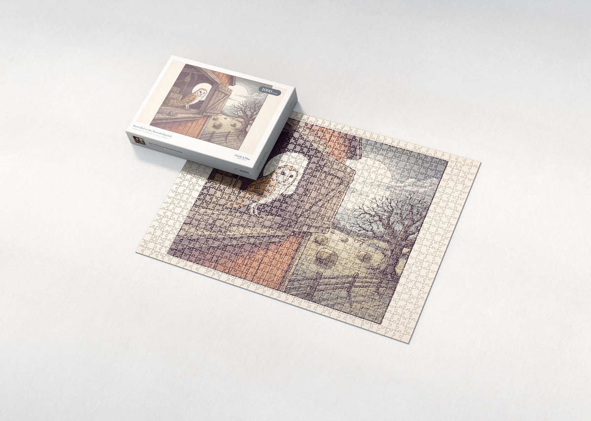 Barn Owl at the Moonlit Hayloft jigsaw puzzle - box and puzzle