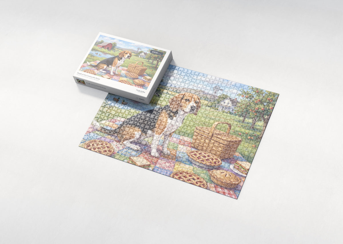 Beagle at the Countryside Picnic jigsaw puzzle - box and puzzle