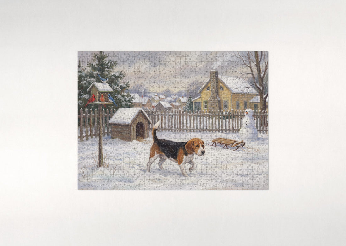 Beagle First Snow in the Backyard jigsaw puzzle - gift box
