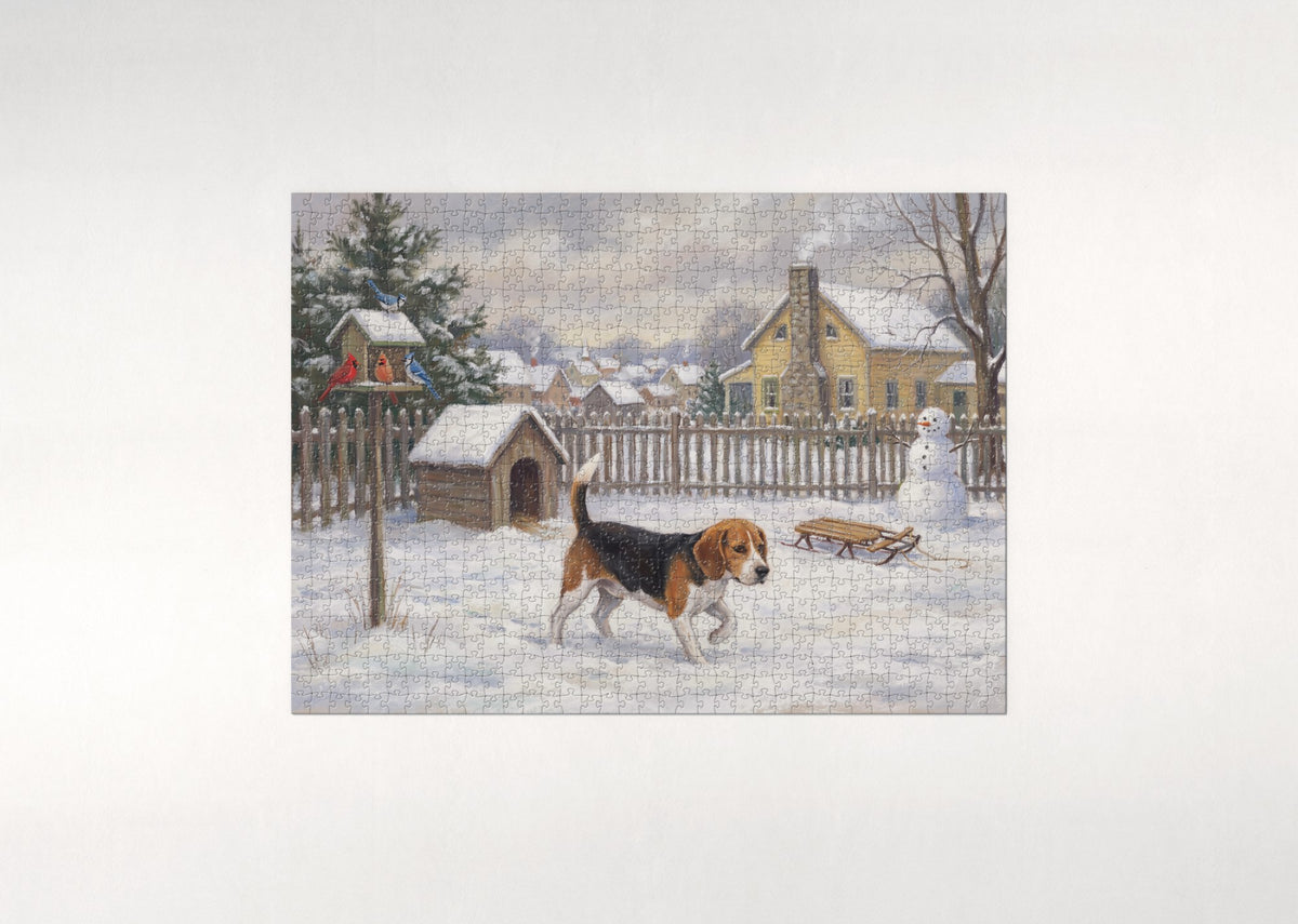 Beagle First Snow in the Backyard jigsaw puzzle - flat puzzle