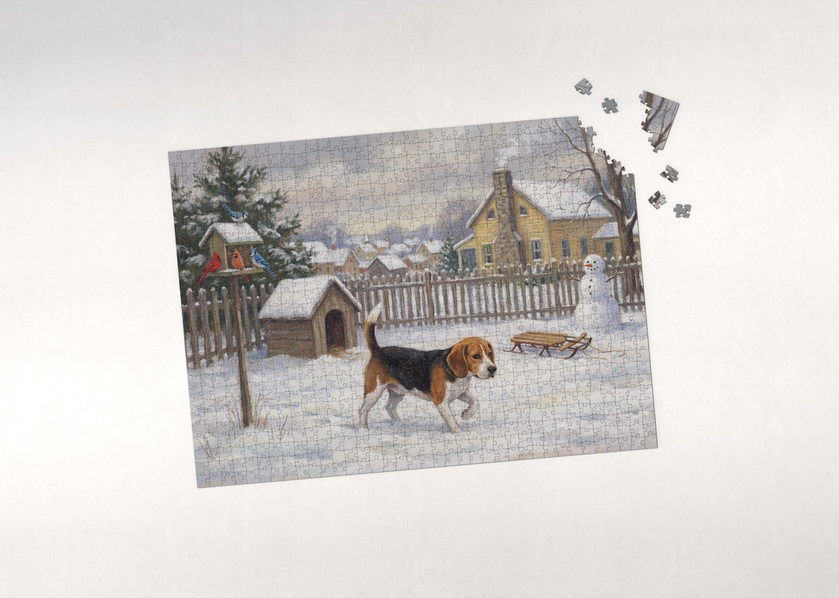 Beagle First Snow in the Backyard jigsaw puzzle - puzzle with loose pieces