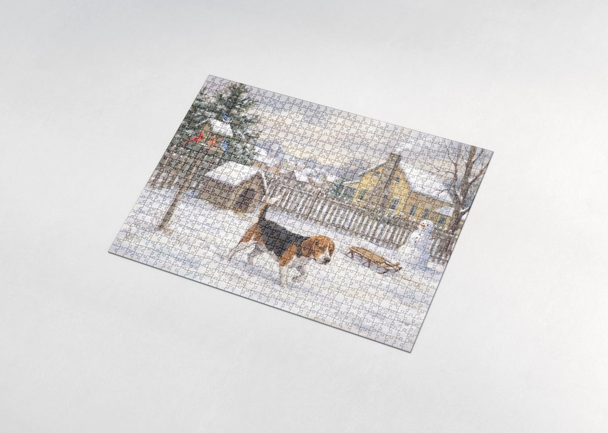 Beagle First Snow in the Backyard jigsaw puzzle - assembled puzzle