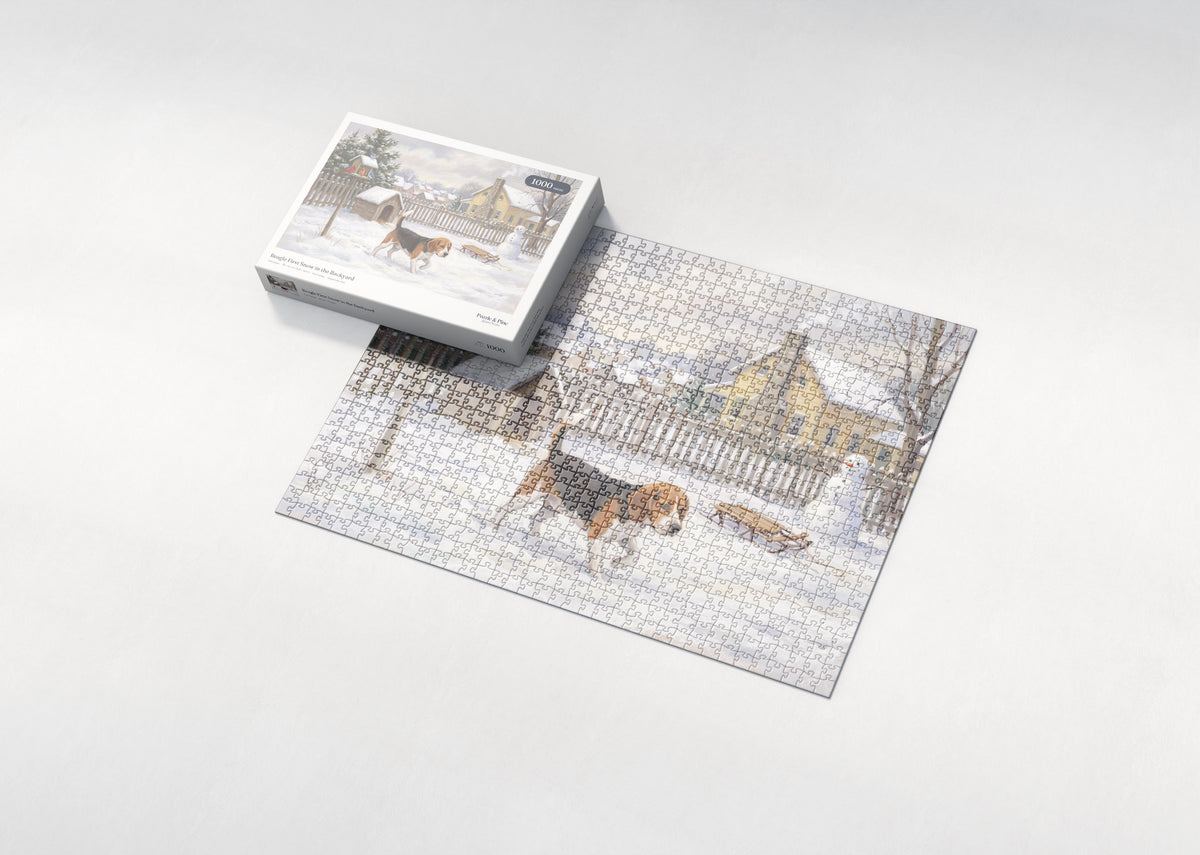 Beagle First Snow in the Backyard jigsaw puzzle - box and puzzle