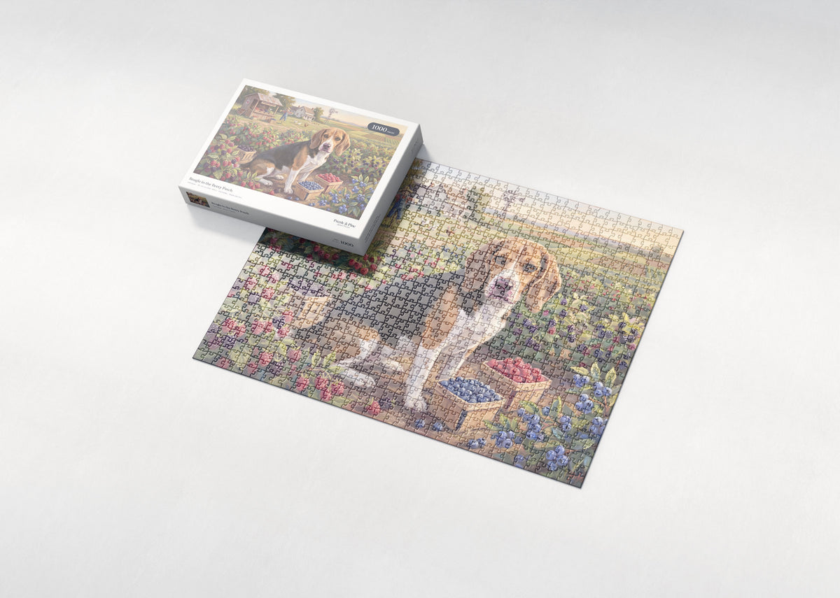 Beagle in the Berry Patch jigsaw puzzle - box and puzzle
