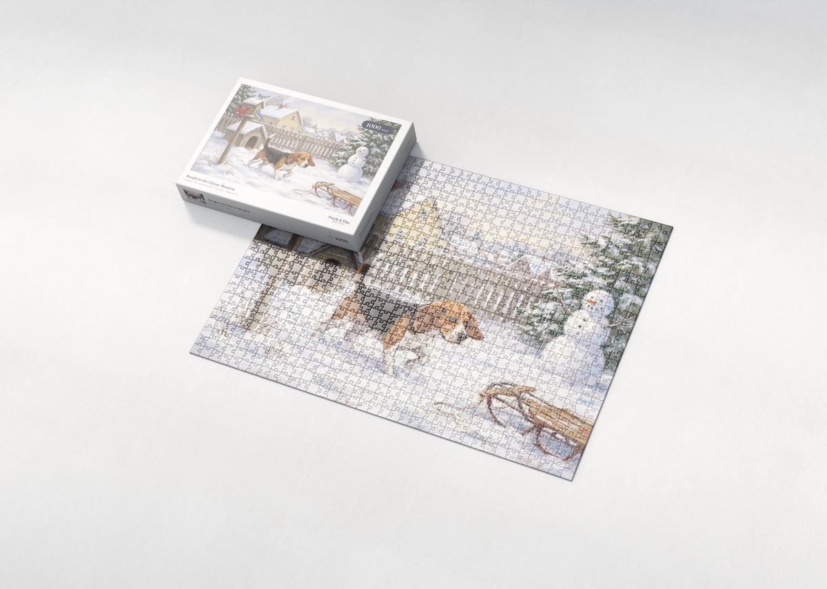 Beagle in the Clover Meadow jigsaw puzzle - box and puzzle
