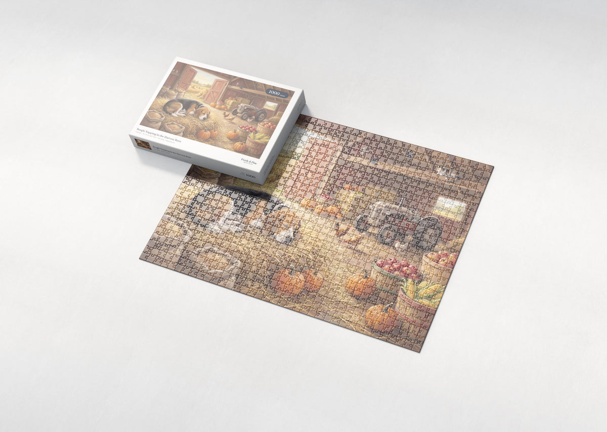 Beagle Napping in the Harvest Barn jigsaw puzzle - box and puzzle