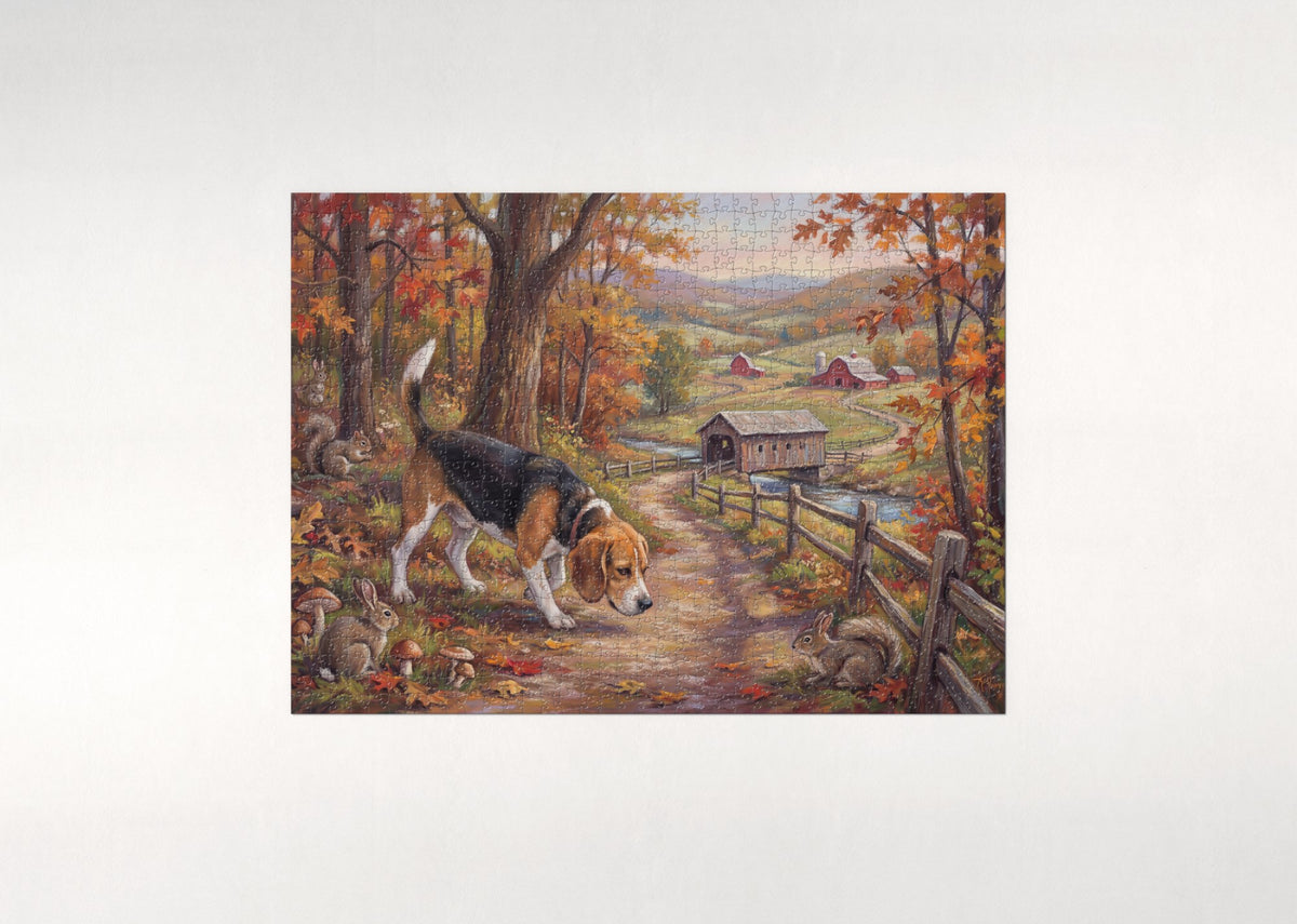 Beagle Sniffing the Autumn Trail jigsaw puzzle - flat puzzle