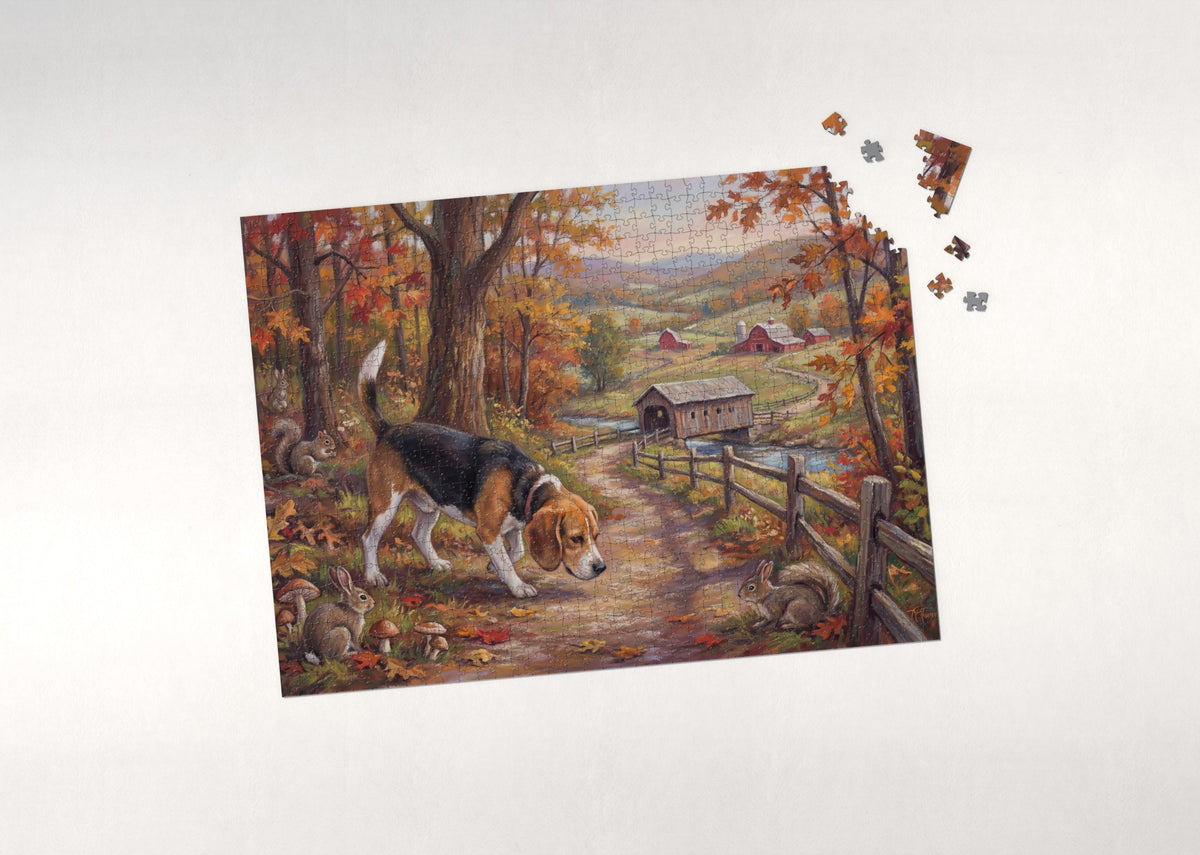 Beagle Sniffing the Autumn Trail jigsaw puzzle - puzzle with loose pieces