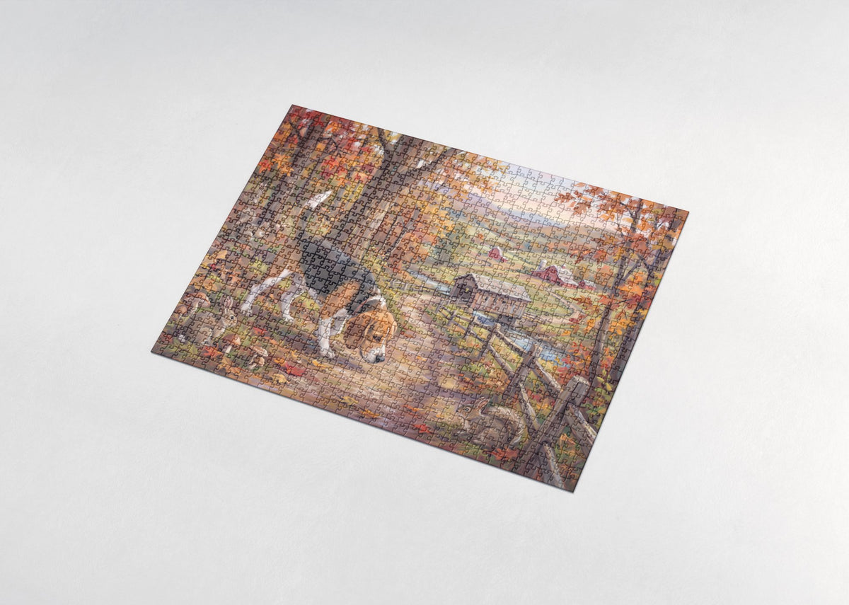 Beagle Sniffing the Autumn Trail jigsaw puzzle - assembled puzzle