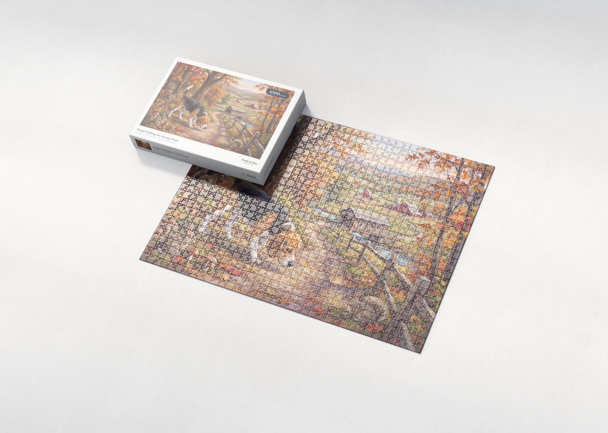 Beagle Sniffing the Autumn Trail jigsaw puzzle - box and puzzle