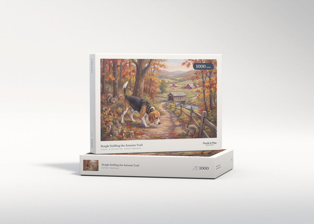 Beagle Sniffing the Autumn Trail jigsaw puzzle - gift box