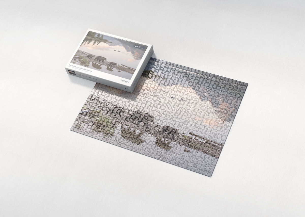 Bear Family at the Lakeshore Sunrise jigsaw puzzle - box and puzzle