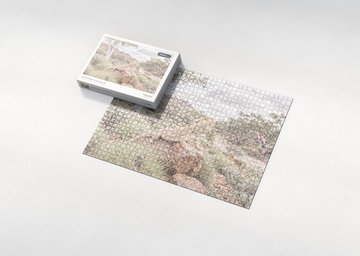 Bearded Dragon on the Red Rock jigsaw puzzle - box and puzzle