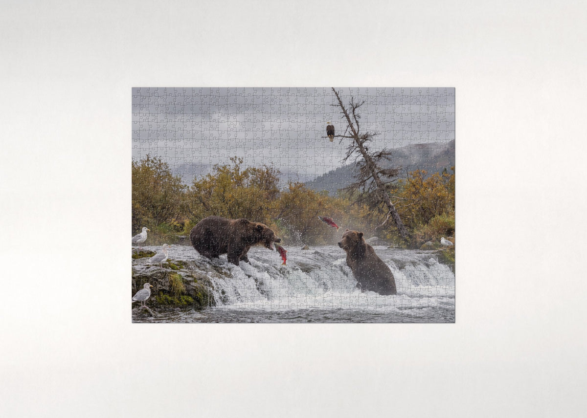 Bears Fishing at the Waterfall jigsaw puzzle - flat puzzle