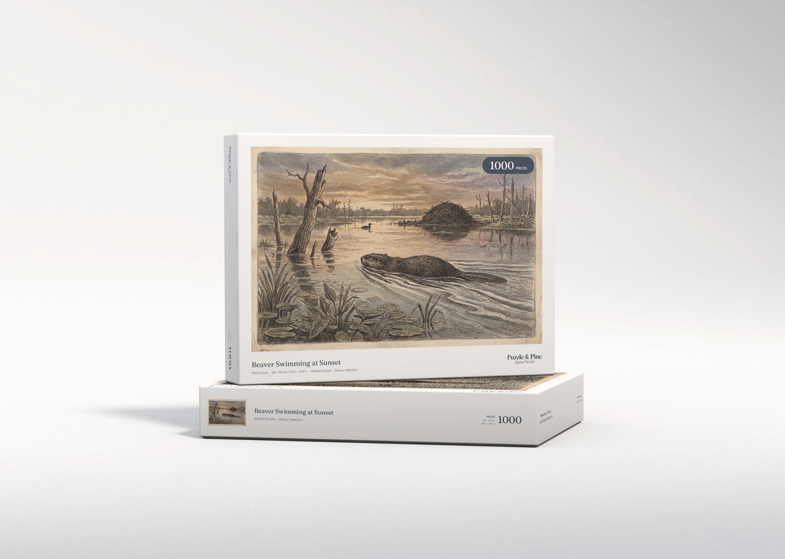 Beaver Swimming at Sunset jigsaw puzzle - gift box