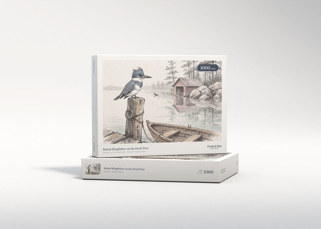 Belted Kingfisher on the Dock Post jigsaw puzzle - gift box