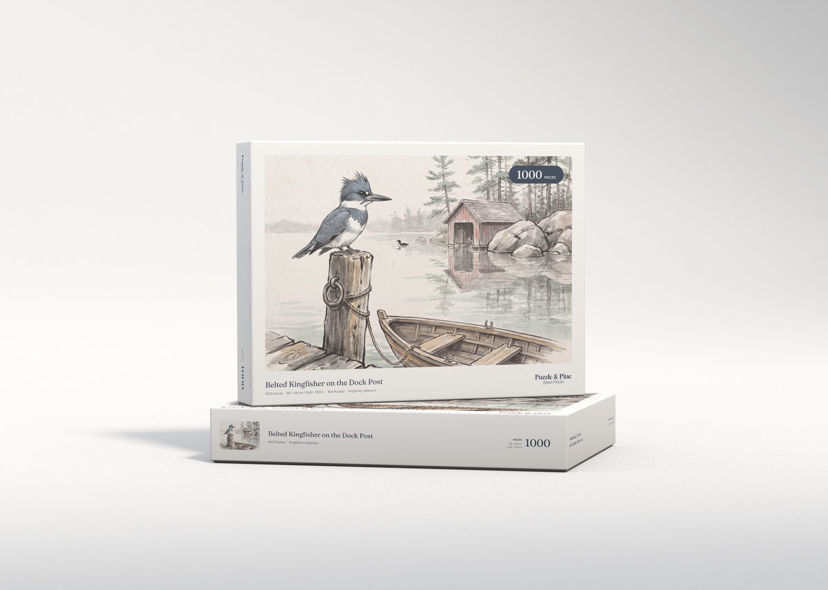 Belted Kingfisher on the Dock Post jigsaw puzzle - gift box