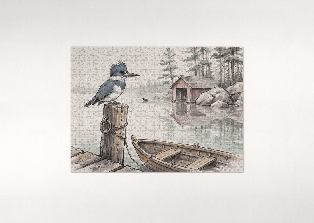 Belted Kingfisher on the Dock Post jigsaw puzzle - gift box