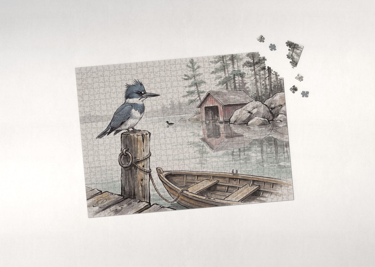 Belted Kingfisher on the Dock Post jigsaw puzzle - puzzle with loose pieces