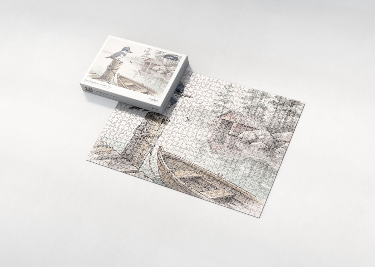 Belted Kingfisher on the Dock Post jigsaw puzzle - box and puzzle