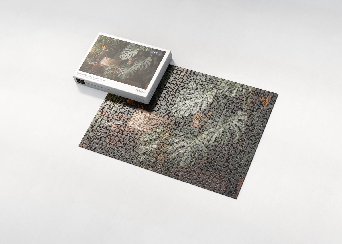Bengal Cat Among the Monstera Leaves jigsaw puzzle - box and puzzle