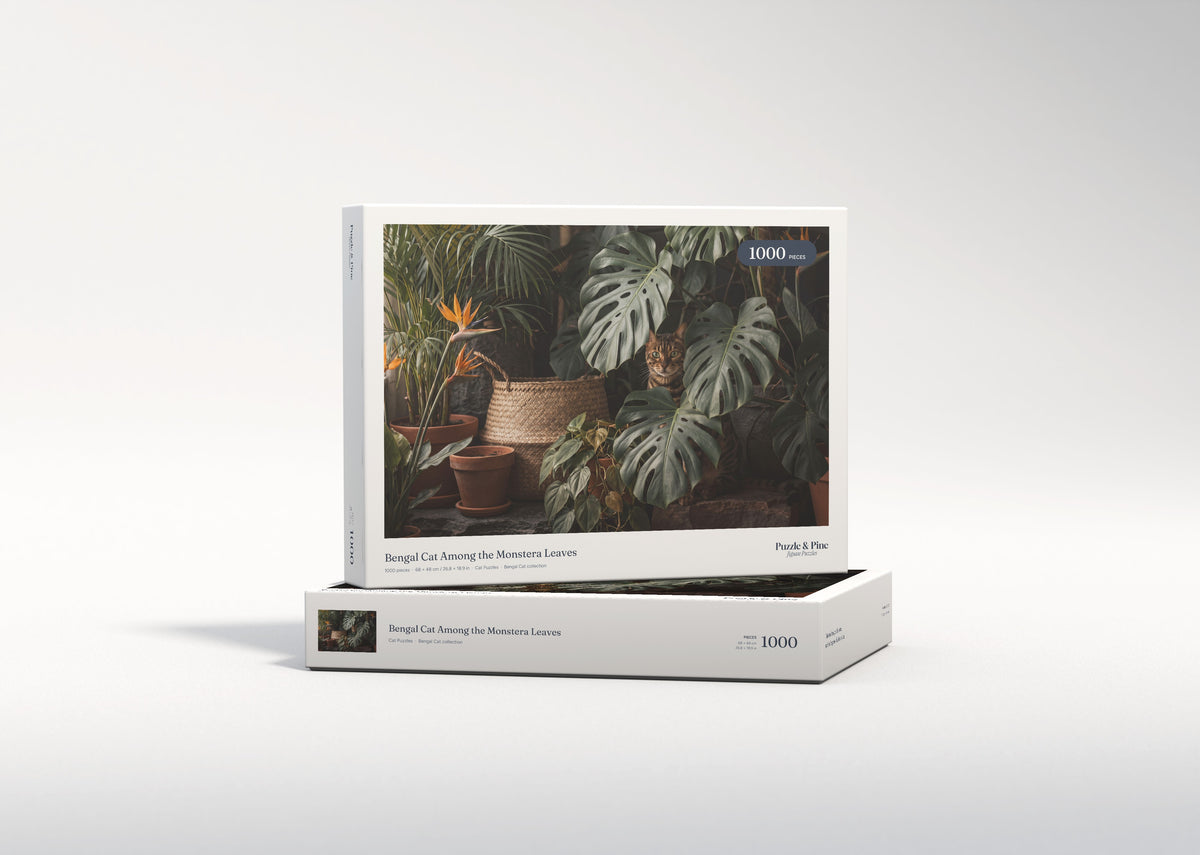 Bengal Cat Among the Monstera Leaves jigsaw puzzle - gift box