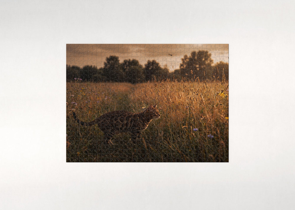 Bengal Cat In the Golden Grass at Dusk jigsaw puzzle - flat puzzle