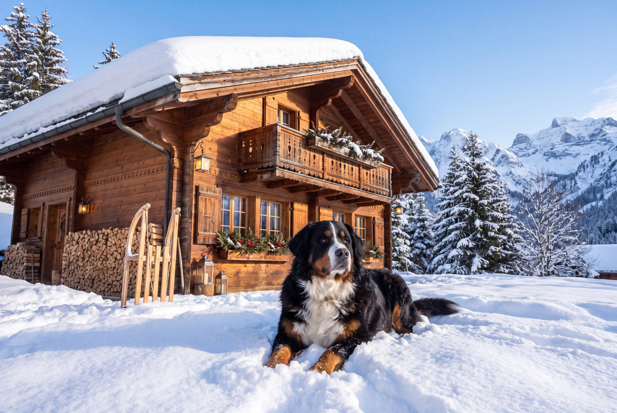 Bernese Mountain Dog at the Snowy Chalet jigsaw puzzle