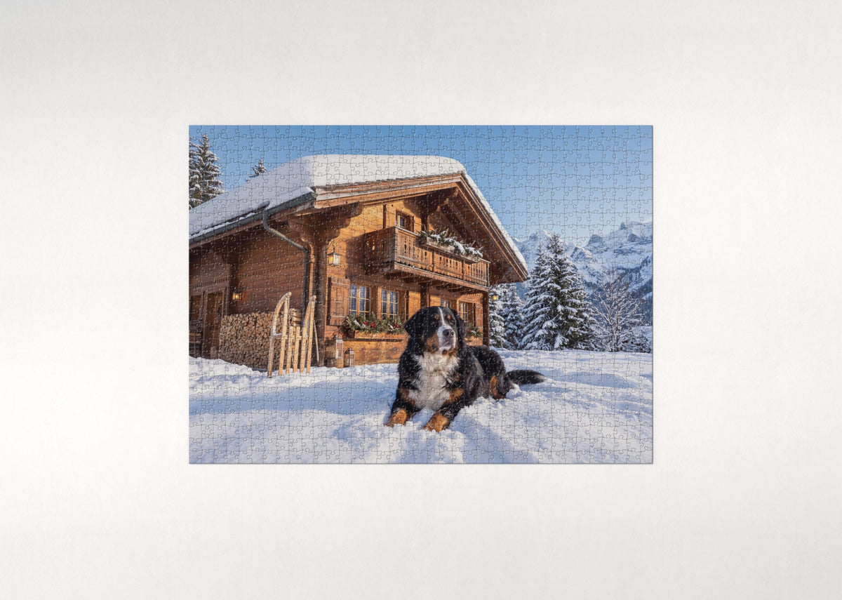 Bernese Mountain Dog at the Snowy Chalet jigsaw puzzle - flat puzzle