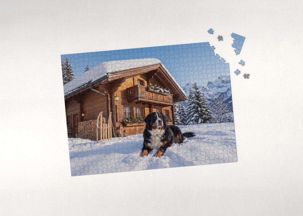 Bernese Mountain Dog at the Snowy Chalet jigsaw puzzle - puzzle with loose pieces