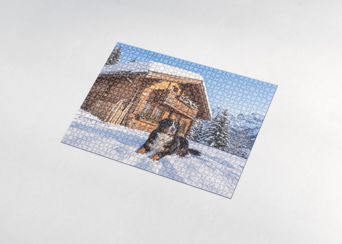 Bernese Mountain Dog at the Snowy Chalet jigsaw puzzle - assembled puzzle