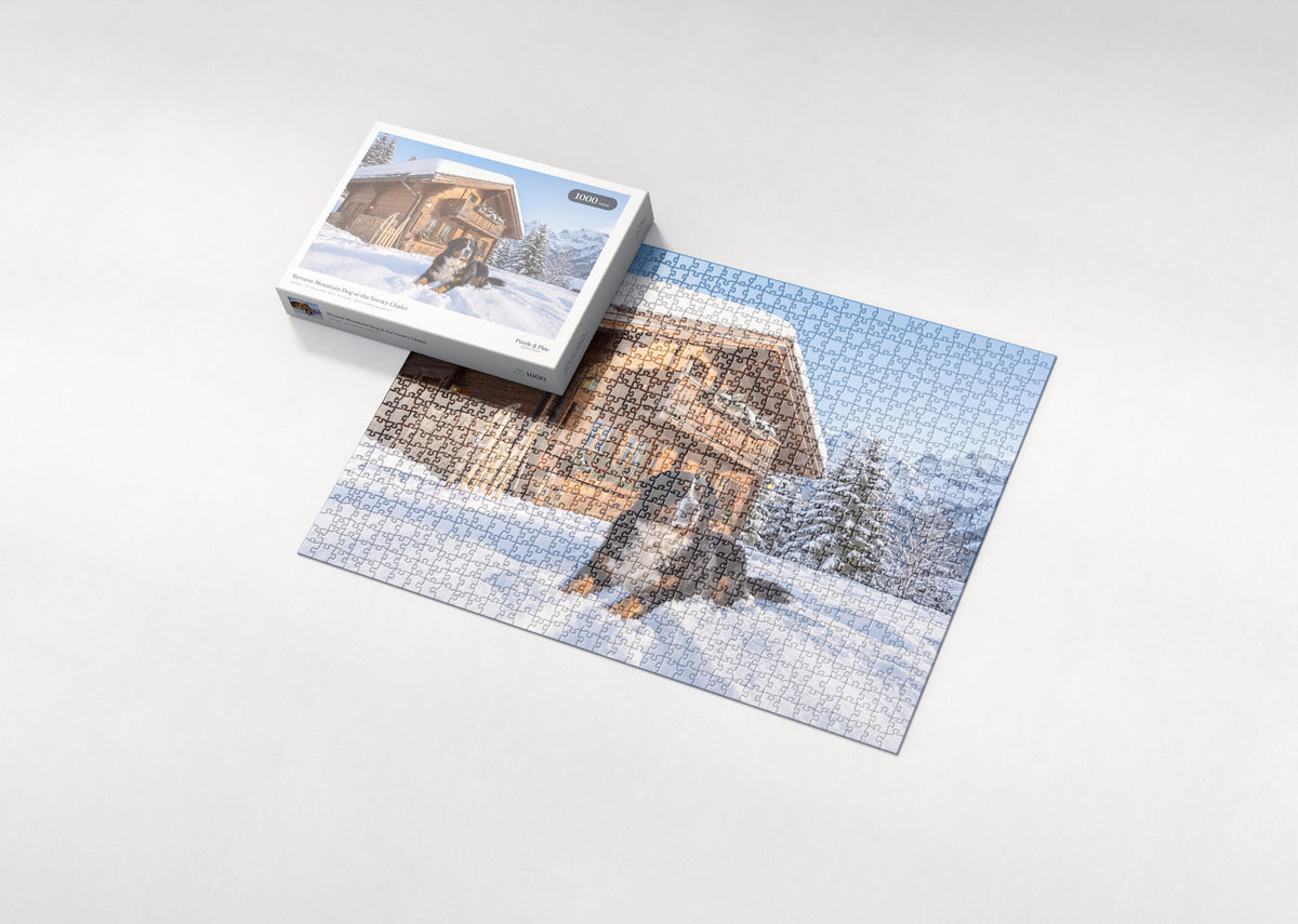 Bernese Mountain Dog at the Snowy Chalet jigsaw puzzle - box and puzzle