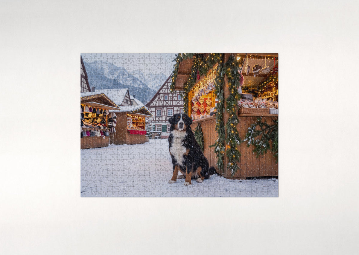 Bernese Mountain Dog at the Winter Market jigsaw puzzle - flat puzzle