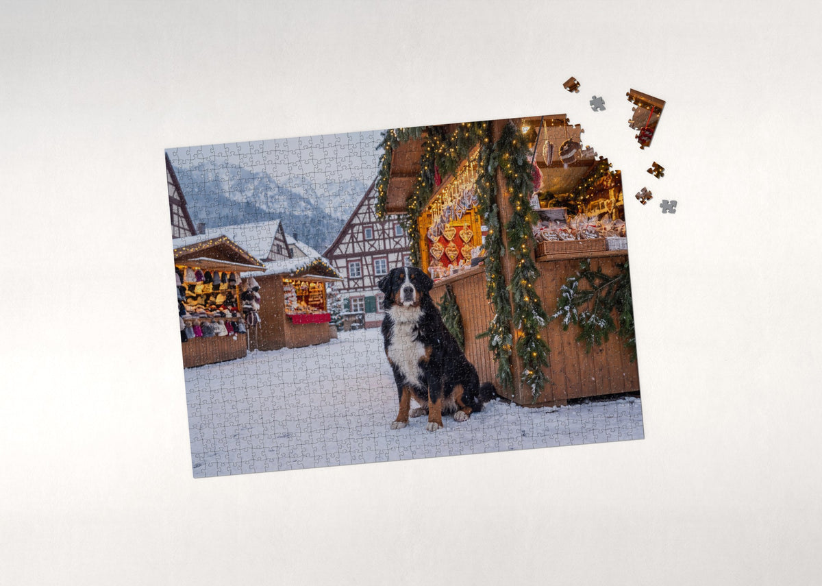 Bernese Mountain Dog at the Winter Market jigsaw puzzle - puzzle with loose pieces