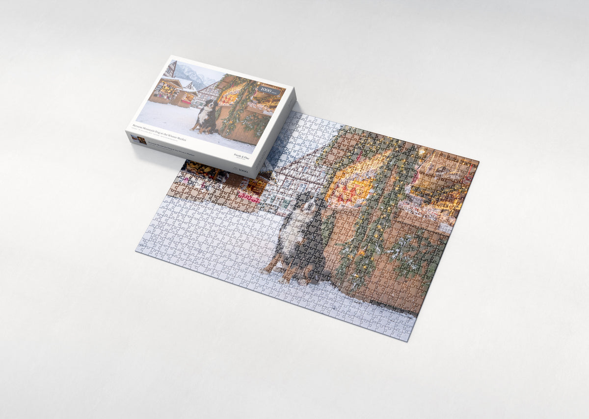 Bernese Mountain Dog at the Winter Market jigsaw puzzle - box and puzzle